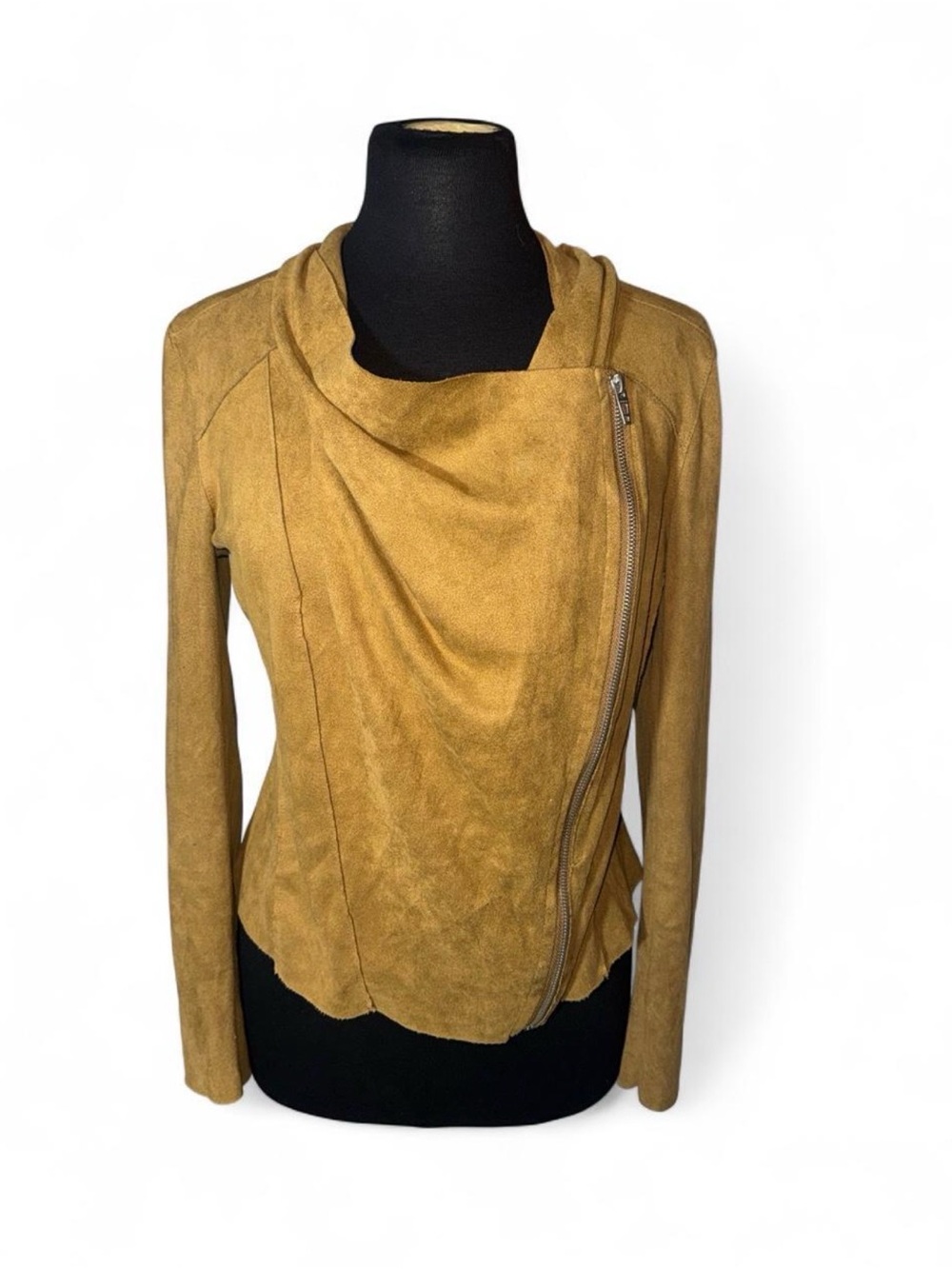 Y2K BLANKNYC Camel Faux Suede Drape Front Moto Jacket Asymmetrical Zip